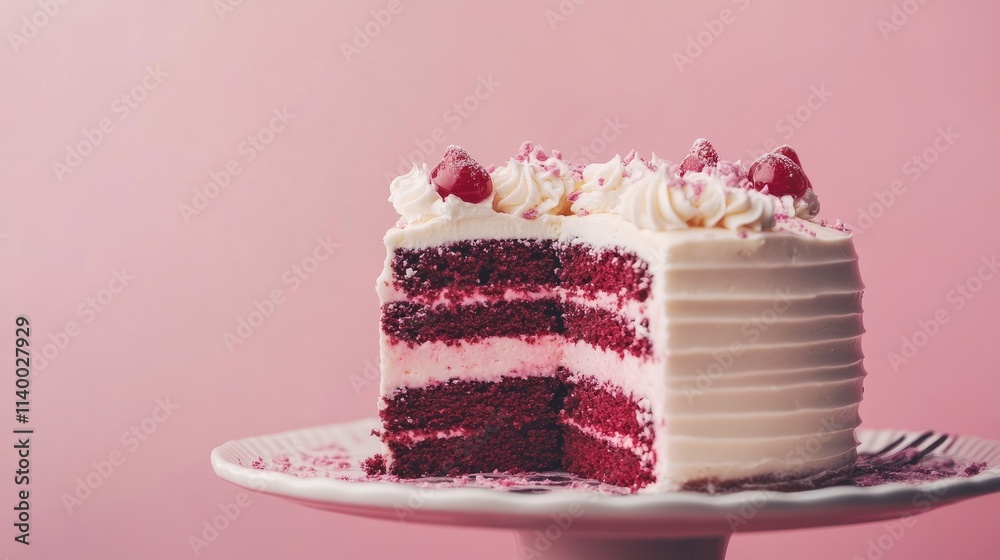 Sticker Red velvet cake with frosting and raspberries on a pastel pink background showcasing a slice on a serving plate.