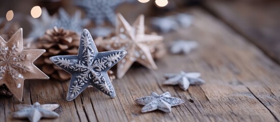 Rustic Christmas Decorations with Stars and Pinecones on Wooden Background Glamorous Vintage Holiday Atmosphere