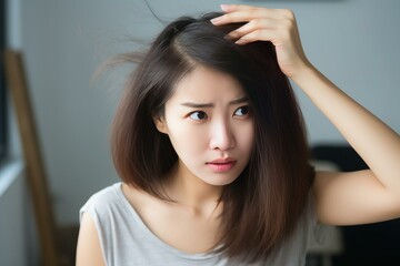 Fototapeta premium Concerned woman checking her hair for signs of thinning or damage
