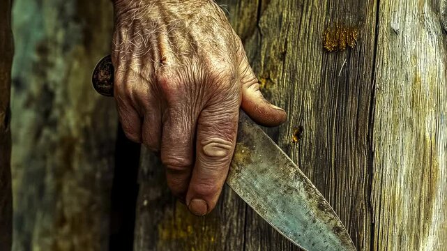 An elderly person's hand grips a weathered gardening tool, showcasing strong but aged veins and rough skin. The worn-out wooden background hints at long years of labor. This scene evokes themes of