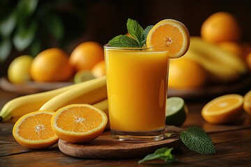 A glass of orange juice with a slice of lime on top