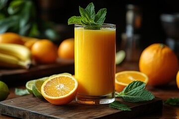 A glass of orange juice with a sprig of mint on top