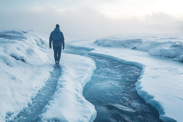 A person slipping on icy pavement in winter clothing, surrounded by a snowy urban environment, highlighting the challenges and dangers of icy weather.

