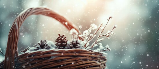 Wicker basket filled with Christmas decorations and pine cones surrounded by falling snow in soft winter tones