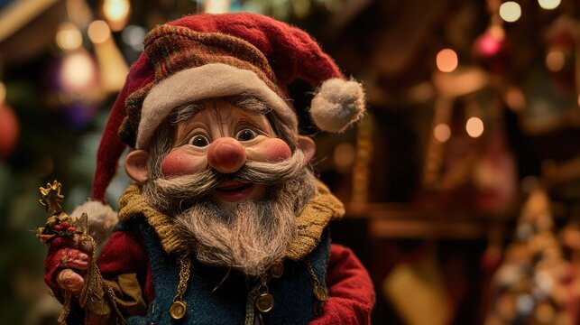 Caga Tio de Nadal festive Christmas character with traditional attire and cheerful expression against a decorative holiday backdrop
