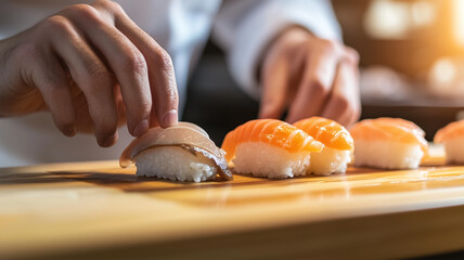 伝統的な寿司カウンターで握り寿司を作る日本の料理人