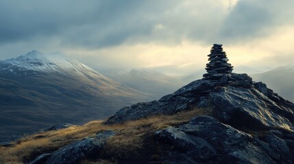Cairn on mountain peak with dramatic clouds and distant snow-capped mountains in picturesque landscape scenery