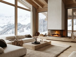 Fototapeta premium Cozy Mountain View Living Room With Fireplace