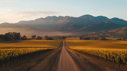 Scenic Farm Road Through Golden Vineyard Under Mountain Sunset