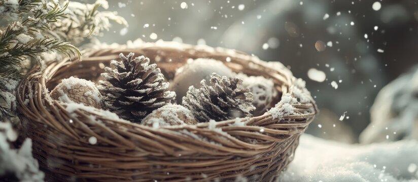 Christmas decorations in a wicker basket surrounded by snowflakes creating a cozy winter atmosphere with pinecones and ornaments - Powered by Adobe