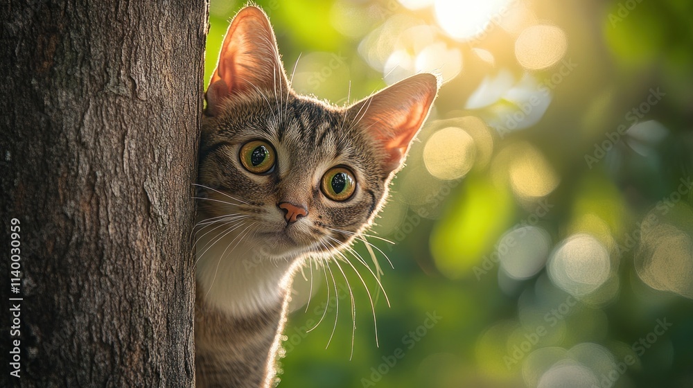 Poster a curious cat peeks around a tree, illuminated by soft sunlight in a natural setting.