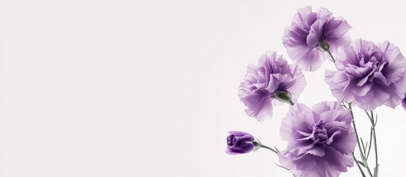 Elegant arrangement of soft purple carnations on a neutral white background showcasing floral beauty and delicate textures