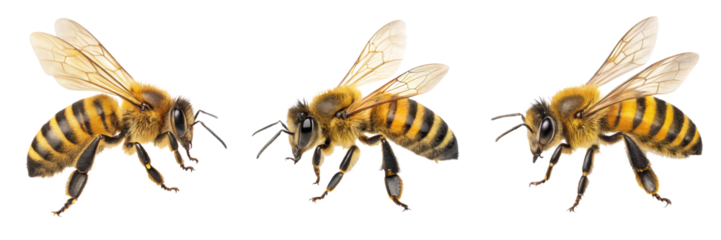 Three bees with detailed features. on transparent cutout, PNG file