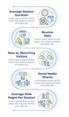 Audience engagement metrics infographic vertical sequence. E commerce analytics. Business data. Visualization infochart with 5 steps. Circles workflow. Montserrat SemiBold, Lato Regular fonts used