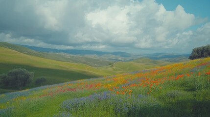 Colorful Wildflower Field Under Dramatic Cloudy Sky Landscape