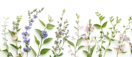 Delicate floral arrangement featuring periwinkle leaves and blooming willow branches on a minimalist white background for elegant decor.