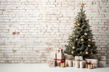 Decorated christmas tree with many gift boxes standing in front of white brick wall