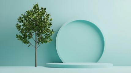 ESG Investing Strategy concept. Minimalist scene with a green tree and circular platform against a soft blue background.