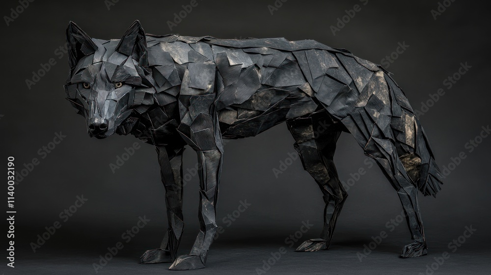 Poster a geometric black wolf sculpture made from angular shapes and textures.