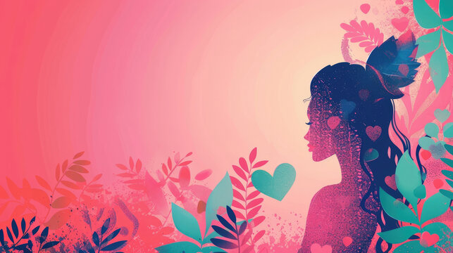 watercolor illustration, Singles Awareness Day, Singles Appreciation Day, silhouette of a girl, pink floral background, flower, vintage postcard, copy space, free space for text - Powered by Adobe