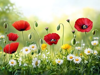 Obraz premium Vibrant Red Poppies and White Daisies Flourishing in a Serene Green Meadow