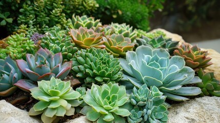 Fototapeta premium Vibrant collection of diverse succulent plants in outdoor setting showcasing natural beauty and variety in green and colorful hues