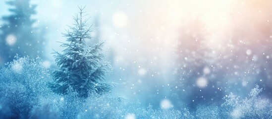 Snowy winter landscape with frosted trees and gentle snowfall creating a serene holiday atmosphere for Christmas greeting cards.