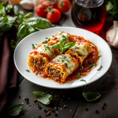 A mouthwatering food dish featuring lasagna rolls filled with cooked, crumbled beef burger patty mixed with marinara sauce.  