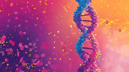 watercolor illustration, Rare Disease Day, close-up of a dna spiral cell, pink purple background, vintage postcard, copy space, free space for text