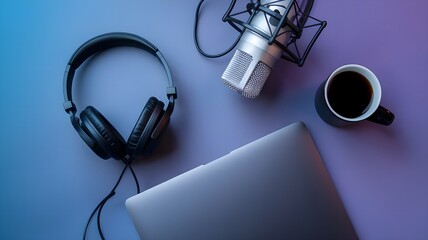 Flat lay top view of headphones, a microphone, coffee cup, and a laptop arranged on a smooth gradient background, creating a modern podcasting vibe