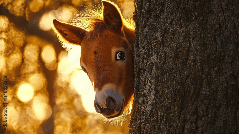 Poster a curious foal peeking from behind a tree with a warm, golden background.