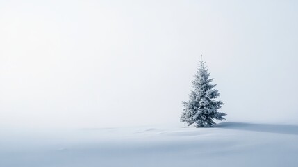 Fototapeta premium Snowy Christmas tree in a serene winter landscape under soft, overcast sky showcasing peaceful holiday ambiance and natural beauty.