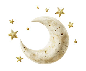 Beige crescent moon surrounded by shimmering stars, on transparent background. Ideal for use in dream-themed designs, nursery decor, nighttime illustrations. Cut out sky elements.