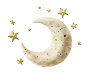 Beige crescent moon surrounded by shimmering stars, on transparent background. Ideal for use in dream-themed designs, nursery decor, nighttime illustrations. Cut out sky elements.