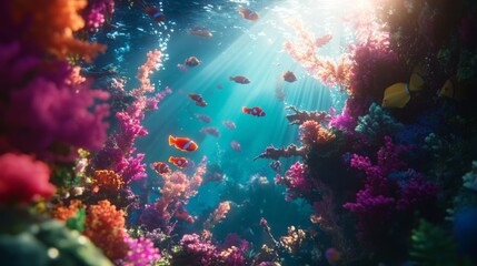 Vibrant underwater coral reef with colorful fish swimming in sunlight, a serene aquatic scene full of life and beauty.