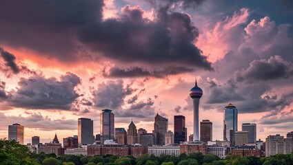 Fototapeta premium a wide view of various skyscrapers and buildings. The sky is filled with dramatic clouds, painted in hues of pink, orange, and purple, indicating a sunset or sunrise. 