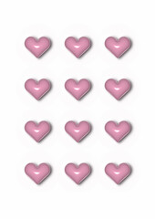 Glossy shiny pink hearts isolated on white background. 3D illustration of minimalistic poster or postcard for Valentine's Day, the day of love. A2 wallpaper