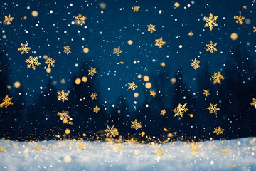Fototapeta premium Falling golden snowflakes set against a deep blue winter night with a serene and magical snowy landscape for the holidays