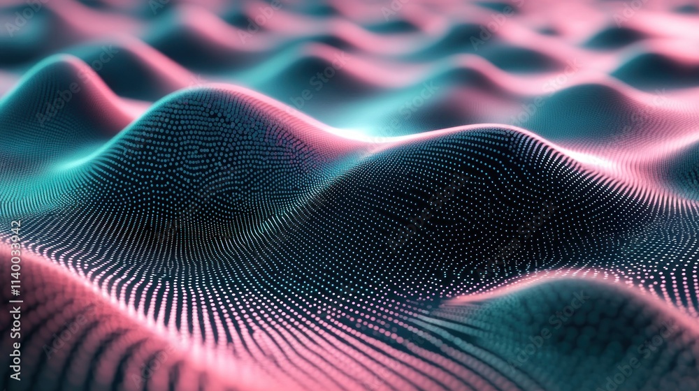 Poster abstract digital landscape with flowing waves in vibrant colors.