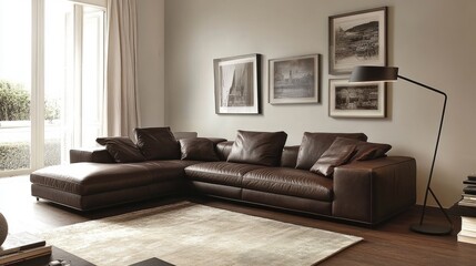 Contemporary living room featuring a brown leather sofa set against a cream wall, complemented by a soft rug and modern floor lamp.