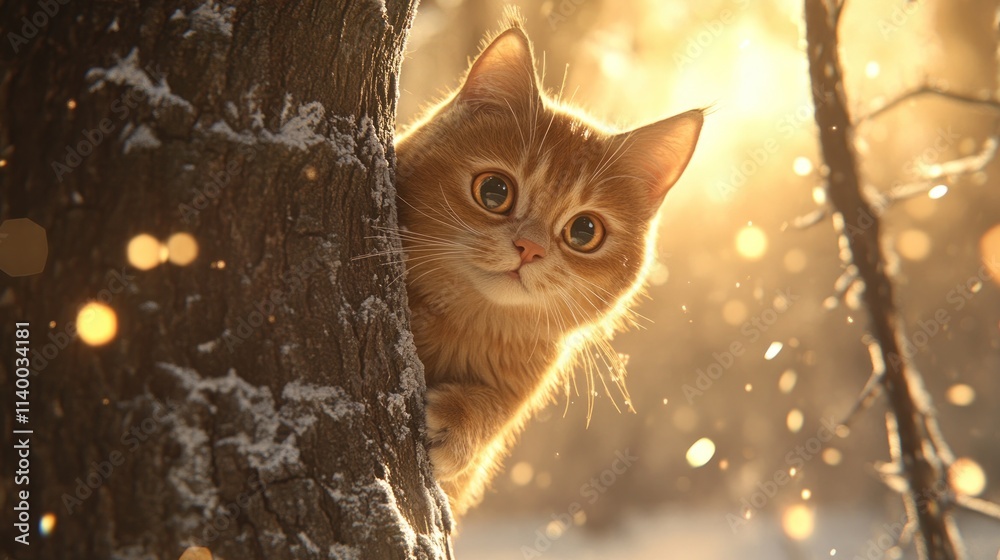 Poster a curious ginger cat peeking from behind a tree in a snowy, sunlit forest.