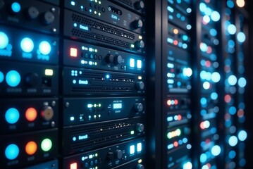 Fototapeta premium Modern data center showcasing a row of illuminated server racks in a high-tech environment
