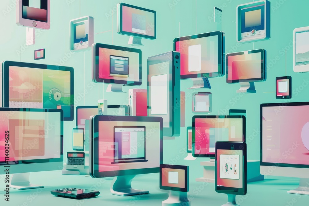 Poster a collection of computers and monitors levitate in the air, creating a surreal and futuristic scene.