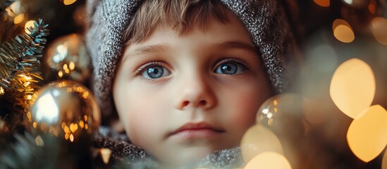 Joyful boy surrounded by festive decorations and sparkling lights during holiday season capturing the essence of childhood wonder