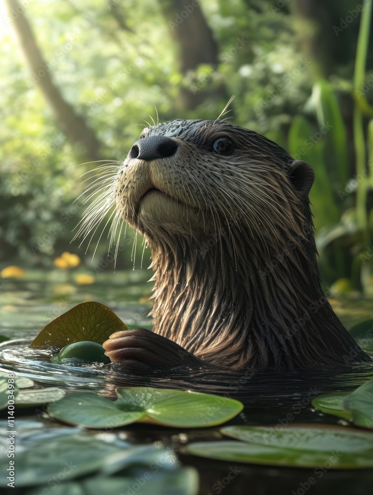 Poster a curious otter emerges from a serene pond surrounded by lily pads and lush greenery.