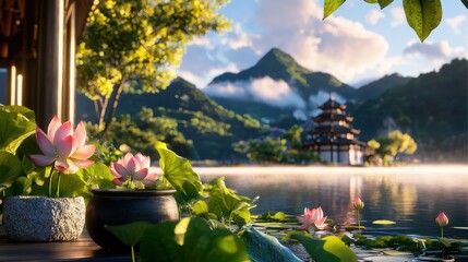 Fototapeta premium Serene Landscape with Lotus Flowers and Tranquil Temple by Peaceful Water Scene