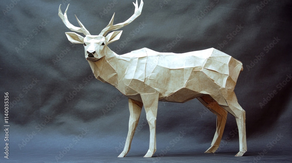 Poster a sculptural representation of a deer created through origami techniques.