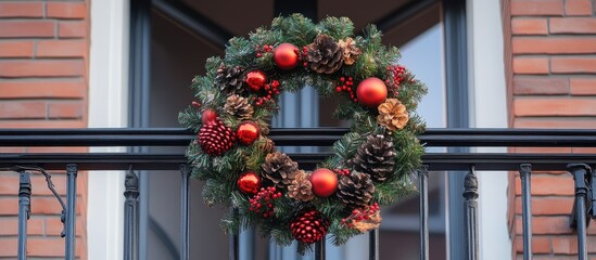 Festive Christmas Wreath Decorated with Ornaments on a Beautiful Balcony Against a Brick Wall Background