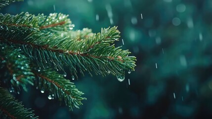 Close-up of fresh pine branch with dew drops glistening after rain in a serene natural setting capturing the essence of nature's beauty