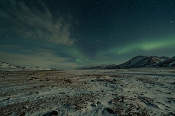 A stunning display of the aurora borealis dances over snow-covered mountains, showcasing nature's vibrant colors in the night sky. The Northern Lights dancing over a barren tundra .